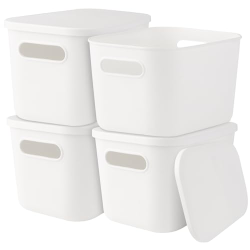 LDXDRU 4 Stück Aufbewahrungsbox Kunststoff Klein, 26x18x16CM Aufbewahrungskorb mit Deckel, Multifunctional Ordnungsboxen, Stapelbare Kleine Boxen mit Griffen für Regale, Küche, Büro, Schrank, Bad von LDXDRU