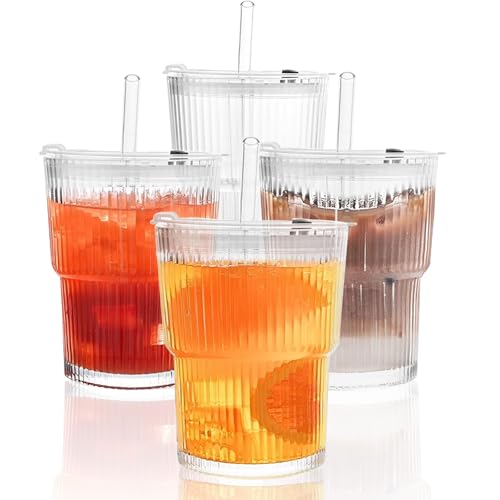 LDXDRU 4 Stück Glasbecher mit Deckel und Strohhalm, 400 ML Matcha Glas Eiskaffee Gläser, Trinkglas Trinkgläser mit Deckel und Strohhalm, Geriffelte Gläser für Cappuccino, Latte, Tee, EIS, Eistee LDXDRU 4 Stück Glasbecher mit Deckel und Strohhalm, 400 ML Matcha Glas Eiskaffee Gläser, Trinkglas Trinkgläser mit Deckel und Strohhalm, Geriffelte Gläser für Cappuccino, Latte, Tee, EIS, Eistee von LDXDRU