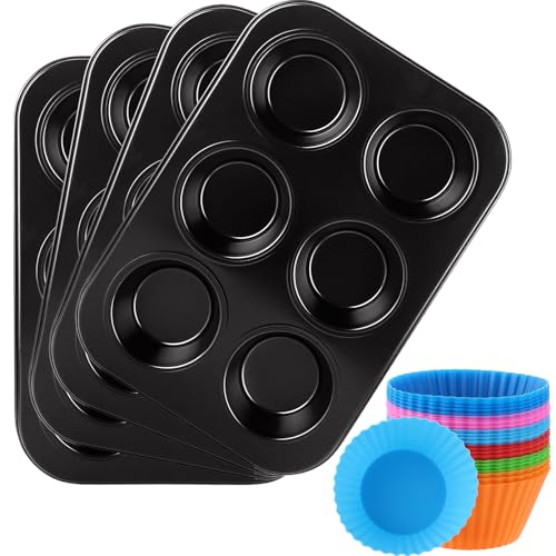 LDXDRU 4 Stück Muffinform Blech, 26,5 x 18,5 x 2,8 cm Muffins Backform für 6 Muffins Muffinblech Metallic with 24er Silikon Muffinform, Antihaftbeschichtet Cupcake Formen für Cupcakes Brownies Kuchen von LDXDRU