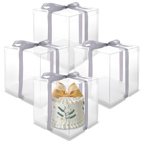 LDXDRU 4 Stück Tortenbox Tortenkarton Tortenschachtel Geschenkbox Durchsichtig, 22x22x24CM Transparente Geschenkbox Tortentransportbox Hoch mit Deckel, Torten Box Kuchen Transportbox mit Band von LDXDRU