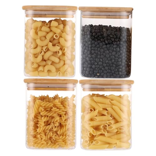 LDXDRU 850 ml Vorratsgläser Glas mit Deckel Eckig, 4er Vorratsdosen Luftdicht Set, Glasbehälter Vorratsglas mit Holzdeckel Vorratsbehälter Glas Eckig für Müsli, Mehl, Gewürze von LDXDRU