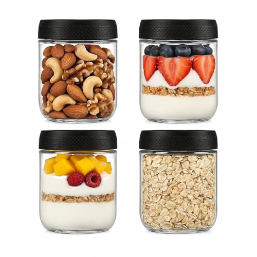 LDYOEN 4 Stück Overnight Oats Gläser, Einmachgläser mit Schraubdeckel, Luftdichte Meal Prep Gläser, Overnight Hafergläser Luftdichte, für Overnight Oats, Müsli, Joghurt, Chia Pudding(500ML) von LDYOEN