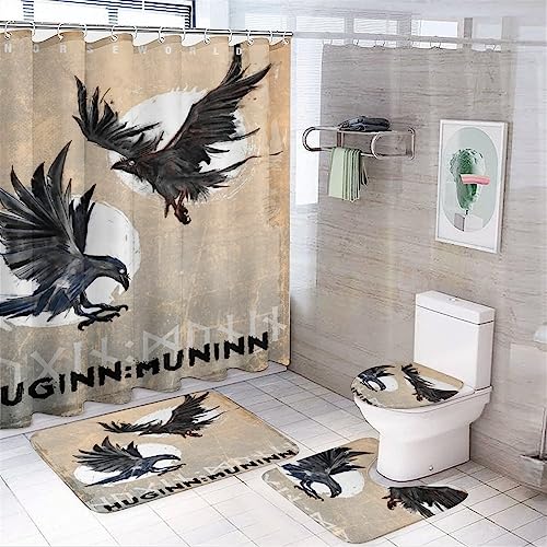 4PCS Norse Viking Duschvorhang Set, Keltische Heidnische Kunst Im Badezimmer, Wasserdichter Duschvorhang, Anti-Rutsch-Teppich, Toilettendeckeldeckel und Badematte ( Color : Huginn and Muninn A , Size von LDZDGD