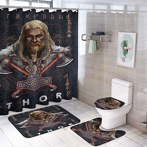 4PCS Norse Viking Duschvorhang Set, Keltische Heidnische Kunst Im Badezimmer, Wasserdichter Duschvorhang, Anti-Rutsch-Teppich, Toilettendeckeldeckel und Badematte ( Color : Thor's hammer , Size : 183 von LDZDGD