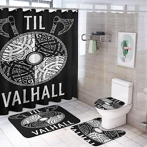 4PCS Norse Viking Duschvorhang Set, Keltische Heidnische Kunst Im Badezimmer, Wasserdichter Duschvorhang, Anti-Rutsch-Teppich, Toilettendeckeldeckel und Badematte ( Color : Valhalla B , Size : 183 x 1 von LDZDGD