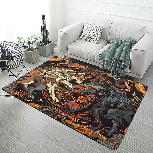 LDZDGD Stoff Teppich für Wikinger-Wohnzimmer, Nordische Mythologie Muster Area Rug, Weicher Flanell Anti-Rutsch-Teppich (Color : Skoll and Hati, Size : 150 x 240CM) von LDZDGD