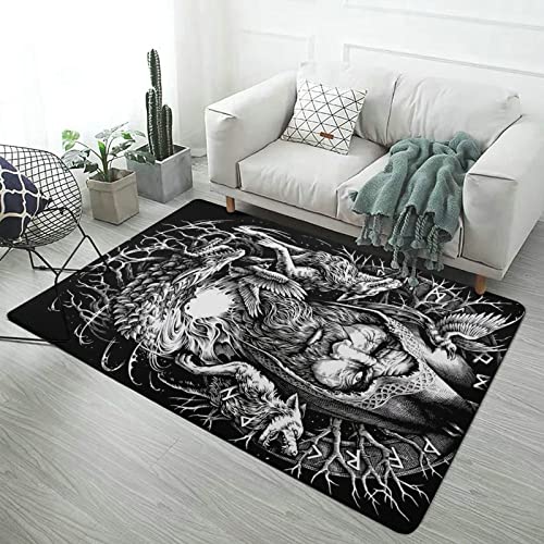 LDZDGD Wikinger Teppich für Schlafzimmer Wohnzimmer, Nordische Mythologie-Grafik-Wohnkultur, Flauschiger, Weicher, Bequemer Flanellteppich, rutschfest, Waschbar (Color : Odin, Size : 150 x 240CM) von LDZDGD