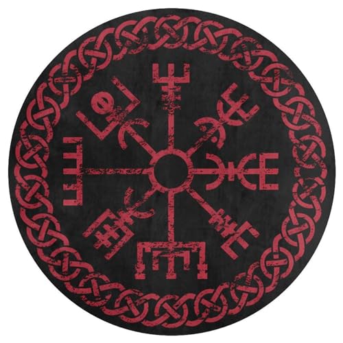 Moderner Runder Wikinger-Teppich für Wohnzimmer und Schlafzimmer, Nordischer Mythologie-Rune-Symbol-Druckteppich, Weiche, Gemütliche Flanell-Bodenüberwurfmatte(Color:Red Vegvisir,Size:100 x 100CM) von LDZDGD