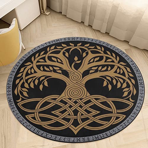 Nordischer Mythologie-Totem-Tattoo-Teppich, Viking Room Decor Runder Teppich, rutschfeste, Waschbare Bodenmatte (Color : Tree of Life A, Size : 180 x 180CM) von LDZDGD