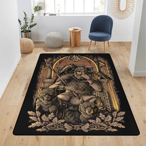 Wikinger-Teppich für Wohnzimmer, Küche und Bad, Teppich Mit Nordischen Mythologie-Totemsymbol-Tattoo-Druckmuster, Weicher Flanell-Bodenüberwurf, Rutschfest, Waschbar(Color:Odin,Size:90 x 150CM) von LDZDGD