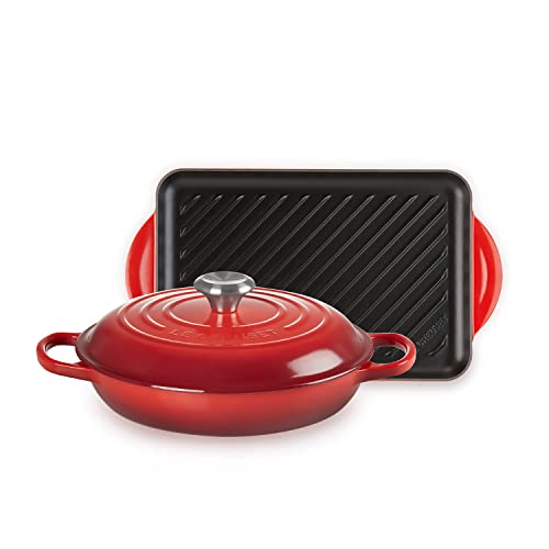 Le Creuset 2-teiliges Set aus Gusseisen, bestehend aus einem Signature Gourmet-Profitopf 26 cm mit einem rechteckigen Grill 32 cm, Kirschrot von LE CREUSET