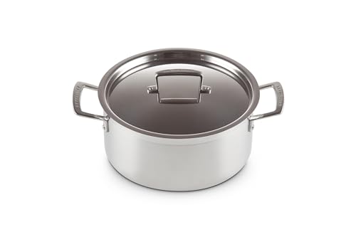 Le Creuset Bratentopf aus 3-ply Edelstahl mit Deckel, Ø 24 cm, Für alle Herdarten inkl. Induktion geeignet, Silber, 96200724001000 von LE CREUSET