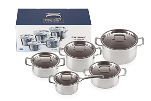 Le Creuset 5-teiliges Topfset aus 3-ply Edelstahl mit passenden Deckeln, Für alle Herdarten inkl. Induktion geeignet, Silber von LE CREUSET