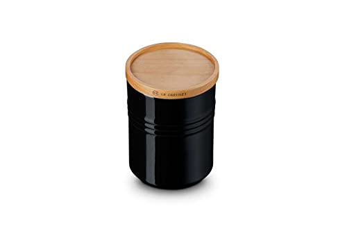 Le Creuset Steinzeug Mittelgroße Vorratsdose mit Holz-Deckel, Steinzeug, 540 ml, 10 cm, Schwarz glänzend, 91044401140099 von LE CREUSET