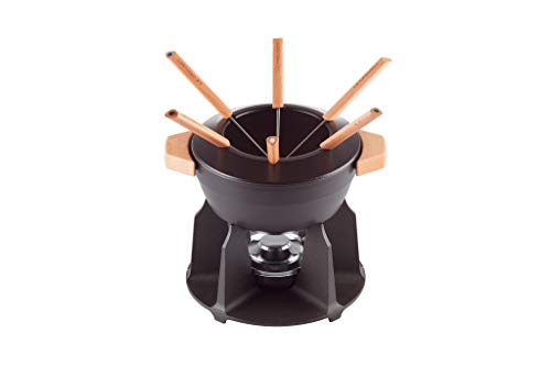 Le Creuset Gusseisen Fondue-Set, Inkl. 2 Holzgriffen, Spritzschutz, Rechaud und 6 Fonduegabeln, 2,3 L Volumen, Schwarz, 60612000000460 von LE CREUSET