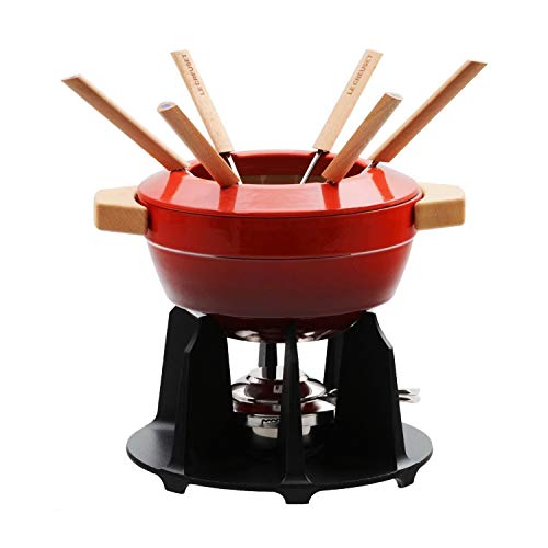 Le Creuset Gusseisen Fondue-Set, Inkl. 2 Holzgriffen, Spritzschutz, Rechaud und 6 Fonduegabeln, 2,0 L Volumen, Kirschrot, 60612000602460 von LE CREUSET