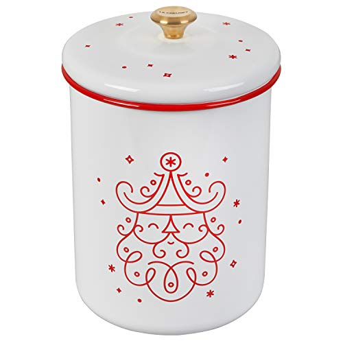 Le Creuset Noel Collection Keksdose, Emaille auf Stahl, 16 x 21 cm, Weiß mit Kirsch-Applikation und goldfarbenem Knauf von LE CREUSET