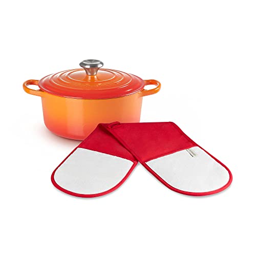 Le Creuset Signature Gusseisen-Bräter mit Deckel, Ø 24 cm, Rund, Für alle Herdarten und Induktion geeignet + Le Creuset Doppel-Handschuh mit Schlaufe von LE CREUSET