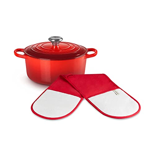 Le Creuset Signature Gusseisen-Bräter mit Deckel, Ø 24 cm, Rund, Für alle Herdarten und Induktion geeignet + Le Creuset Doppel-Handschuh mit Schlaufe von LE CREUSET