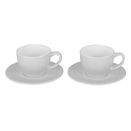 Le Creuset Steingut-Set mit 2 Cappuccino-Tassen und Untertassen, je 200 ml, Weiß von LE CREUSET