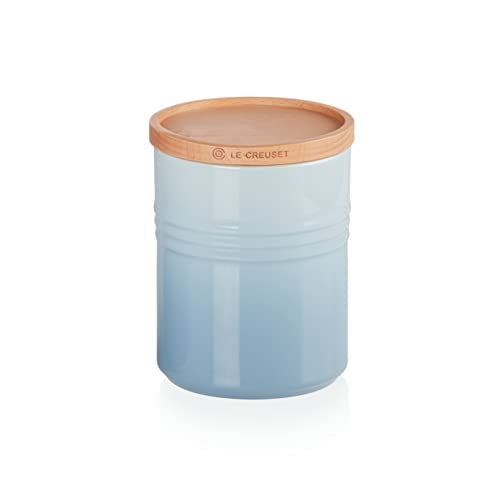 Le Creuset Steinzeug Mittelgroße Vorratsdose mit Holz-Deckel, Steinzeug, 540 ml, 10 cm, Coastal Blue, 91044401256099 von LE CREUSET