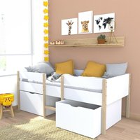 Le Quai Des Affaires - Halbhohes Bett zephir 90x190 + 2 große Schubladen + Lattenrost / Weiß & Naturlack/ 199x100x81 cm von WEBER INDUSTRIES