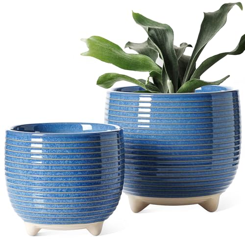 LE TAUCI 2er Pack Übertöpfe Keramik mit Füßen, 12+16 cm Durchmesser Klein Töpfe Set, Blumentopf für Zimmerpflanzen mit Abflussloch, Reaktive Glasur Blau von LE TAUCI