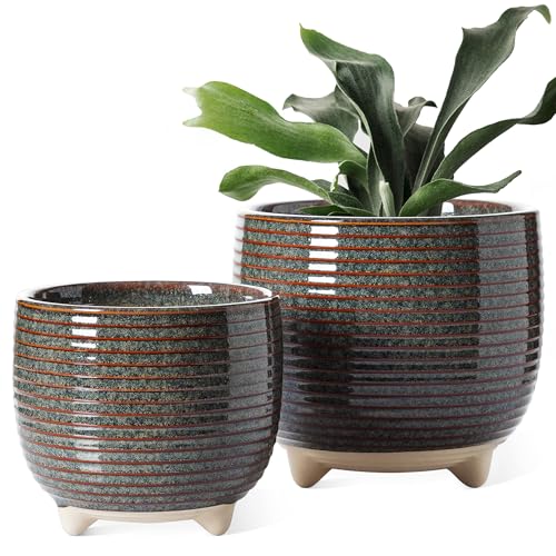 LE TAUCI 2 er Pack Keramik Blumentöpfe mit Füßen, 12+16 cm Durchmesser Klein Übertöpfe Set, Blumentopf für Zimmerpflanzen mit Abflussloch, Reaktive Glasur Schwarz von LE TAUCI
