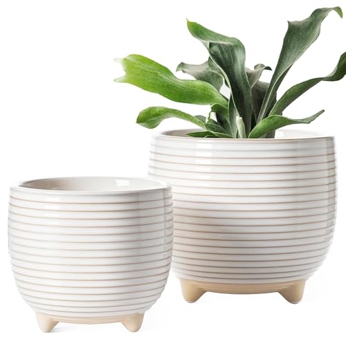 LE TAUCI 2 er Pack Keramik Blumentöpfe mit Füßen, 12+16 cm Durchmesser Klein Übertöpfe Set, Blumentopf für Zimmerpflanzen mit Abflussloch, Reaktive Glasur Weiß von LE TAUCI