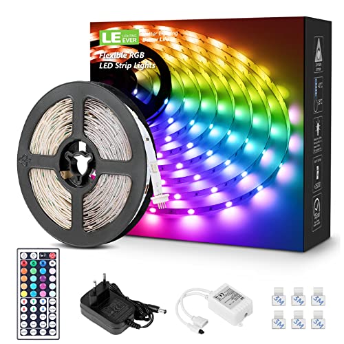 LE 5M RGB LED Strip Set, 5050 SMD LED Streifen, 12V, Selbstklebend LED Strips, Flexibel LED Band, LED Leiste, LED Lichtband IP20, Netzteil und Controller enthalten von Lepro