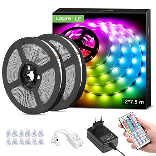 LE LED Strip 15M, LED Streifen, RGB Band, 5050 SMD 450 LEDs Stripes(2x7.5M), 12V, Selbstklebend Lichtband mit 44 Tasten Fernbedienung, Flexibel LED Leiste, LED Lichterkette für Weihnachten, Bar,TV von Lepro