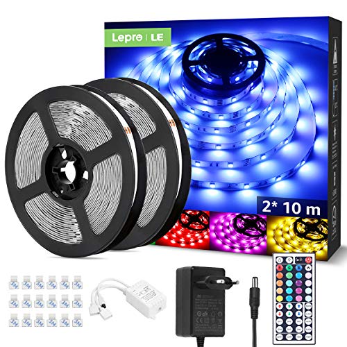 LE LED Strip 20M(2x10M), RGB LED Streifen Band, 5050 SMD 600 LEDs Stripes, 12V, Selbstklebend Lichtband mit 44 Tasten Fernbedienung, Flexibel LED Leiste, LED Lichterkette IP20 für Haus,Party,Bar,TV von Lepro