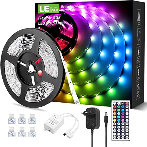 LE 5M RGB LED Strip Set, 5050 SMD LED Streifen, 12V, Selbstklebend LED Strips, Flexibel LED Band, LED Leiste, LED Lichtband IP20, Netzteil und Controller enthalten von Lepro