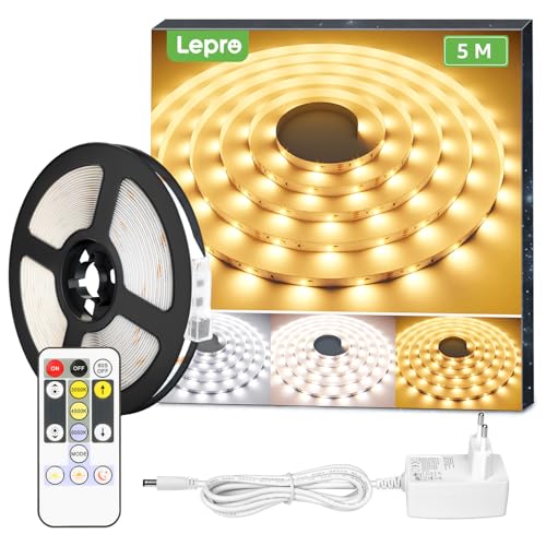 Lepro LED Strip 5M Set Dimmbar,Warmweiß bis Kaltweiß LED Streifen 12V Selbstklebend, Flexibel DIY LED Band, IP20 LED Leiste, 300 LEDs SMD 2835, LED Lichtband für Innen Küche Zimmer Deko von Lepro