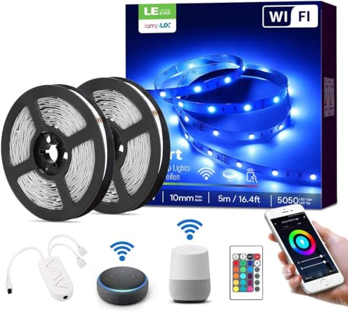 LE LED Strip Alexa 10M, 2x5M, Smart LED Streifen Wifi, RGB 300 LEDs, Wlan LED Band, Superhell 5050 Selbstklebend Lichtband, Lichterkette mit Fernbedienung, Kompatibel mit Alexa, App, Google Home, IP20 von Lepro