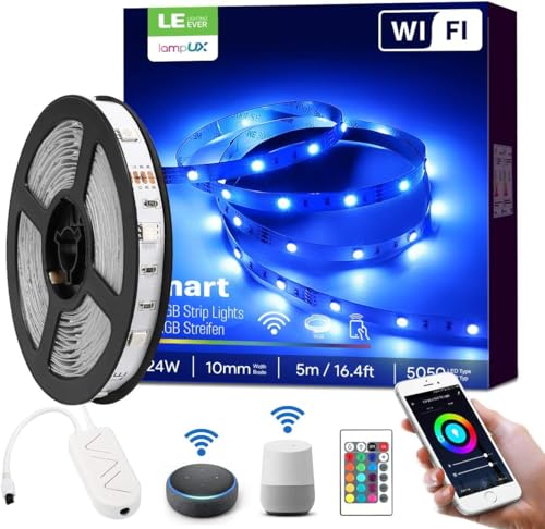 LE LED Strip Alexa 5M, Smart LED Streifen Wifi, RGB 150 LEDs, Wlan LED Band, Superhell 5050 Selbstklebend Leiste, Lichterkette mit Fernbedienung, Kompatibel mit Alexa, App, Google Home, IP20 von Lepro