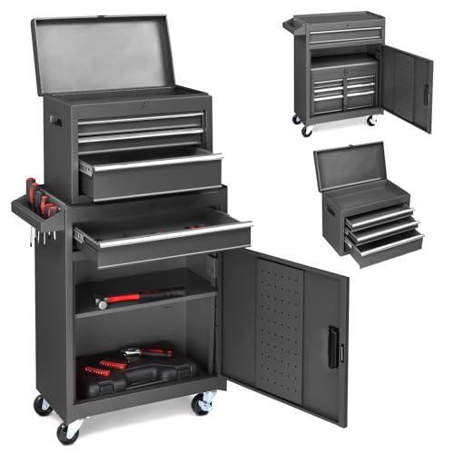 LEADZM 2 in 1 Werkstattwagen inkl.Koffer & 4 Fächer & verstellbarem Regal|werkstattwagen leer|Mobiler Werkzeug-Wagen ohne Werkzeug|werkzeugwagen mit Schloss 100 kg Tragkraft|Metal （Schwarz） von LEADZM