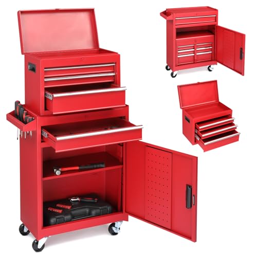 LEADZM 2 in 1 Werkstattwagen inkl.Koffer & 4 Fächer & verstellbarem Regal|werkstattwagen leer|Mobiler Werkzeug-Wagen ohne Werkzeug，werkzeugwagen mit Schloss 100 kg Tragkraft|Metal （Rot） von LEADZM