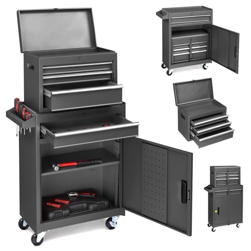 LEADZM 2 in 1 Werkstattwagen inkl.Koffer & 4 Fächer & verstellbarem Regal|werkstattwagen leer|Mobiler Werkzeug-Wagen ohne Werkzeug|werkzeugwagen mit Schloss Tragkraft|Metal （Schwarz） von LEADZM