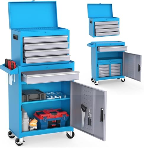 LEADZM Werkstattwagen leer, Werkzeugwagen leer, Werkzeugschrank mit Schloss, Koffer & 5 Fächer & verstellbarem Regal, Kugelgelagerte Schubladen, Metall, 52x28x102cm（Blau） von LEADZM