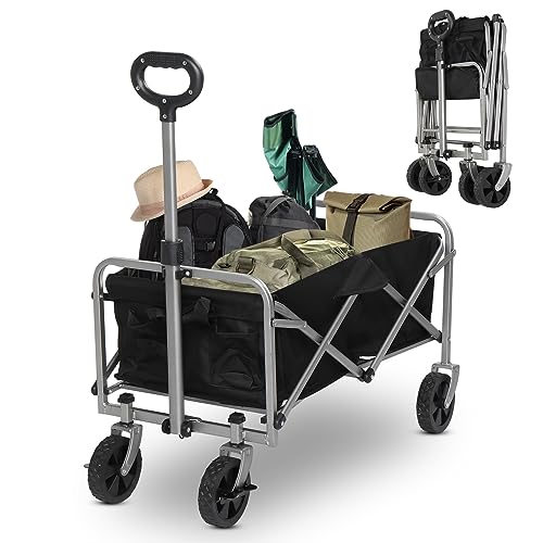 LEADZM Bollerwagen faltbar schwarz belastbar bis 100kg –74,5 x 45 x 85 cm, mit All-Terrain-Reifen und Bremsen, kompakter Bollerwagen platzsparend zusammenklappbar für Ausflüge, Camping & Einkäufe von LEADZM