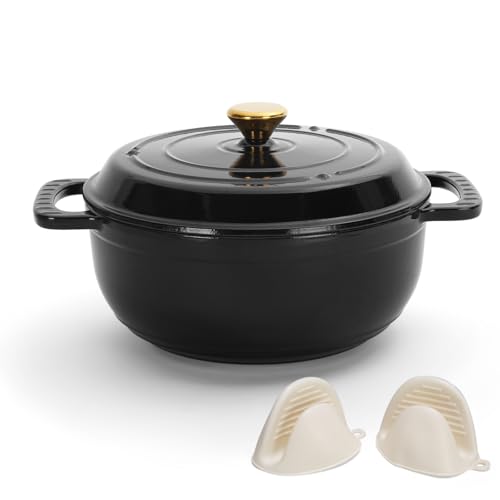 LEADZM Gusseisen Topf 26 cm 4,7 L, Schmortopf Bräter mit Deckel, Emaille Topf, Brotbacktopf für Braten Küche Backen Schmoren, FDA-Zertifiziert (Schwarz) von LEADZM