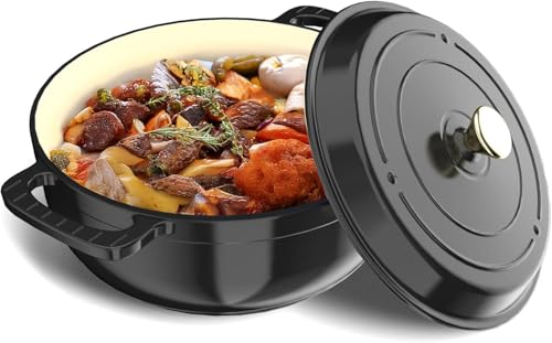 LEADZM Gusseisen Topf 28 cm 5,7 L, Schmortopf Bräter mit Deckel, Emaille Topf, Brotbacktopf für Braten Küche Backen Schmoren, FDA-Zertifiziert (Schwarz) von LEADZM