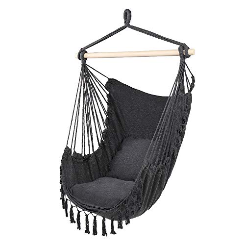 LEADZM Hängesessel Outdoor - Baumwolle mit 2 Kissen, Tragkraft 100 kg, hängestuhl für Garten Balkon Terrasse - Elegantes Design mit Quasten - 80 x 120 cm, Dunkelgrau von LEADZM