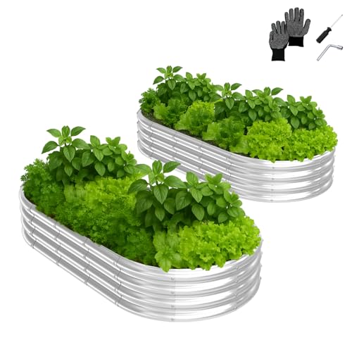 LEADZM Hochbeet Metall 180x90x30 cm (2er-Set) - Extragroße Ovaler hochbeete für Garten Metall ohne Sockel - Mit Zubehörsatz & Handschuhen - Leicht aufzubauen, wetterfest & langlebig, Silber von LEADZM