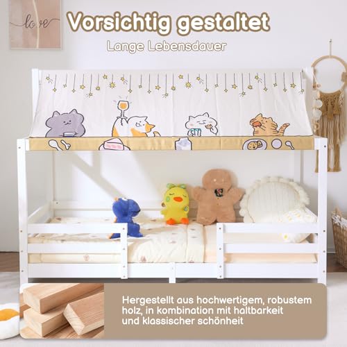 LEADZM Kinderbett Bodenbett 90x200 cm, Kinder Bett Mit Stoffhimmel, Kinderbetten inkl. Lattenrost, Bodenbett Kinder bis 200 kg (Weiß) von LEADZM