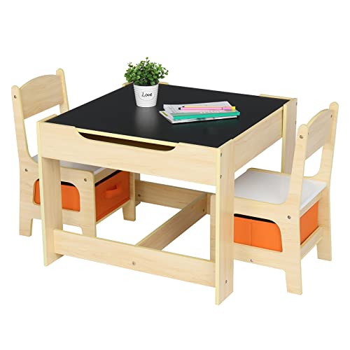 LEADZM Kindertisch mit 2 Stühlen, 3tlg Kindersitzgruppe aus Holz, Kindersitzgarnitur mit Stauraum, Sitzgruppe, Malttisch Tischplatte mit Tafel, Kinderzimmer, Spielzimmer, Vorschüler, Natur von LEADZM