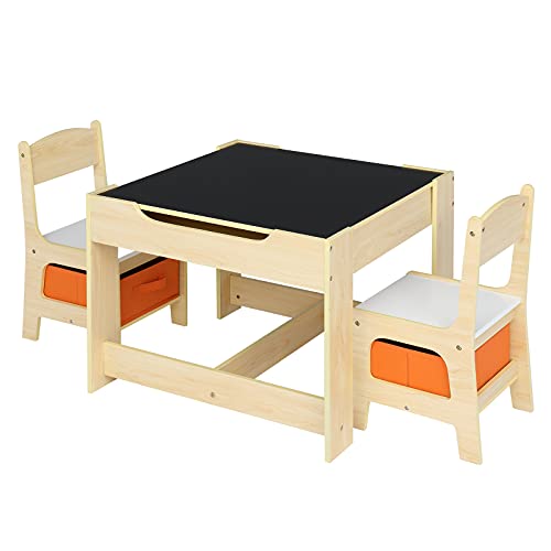 LEADZM Kindertisch mit 2 Stühlen, Maltisch für Kinder 3tlg Kindersitzgruppe aus Holz Kinder Tisch Stuhl Set Malttisch Tischplatte mit Tafel von LEADZM