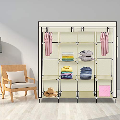 LEADZM Kleiderschrank, Faltschrank Stoffschrank Faltbare Garderobe Canvas mit Reißverschluss, Fächern, für Schlafzimmer, Wohnzimmer (Beige, 170 x 45 x 180 cm) von LEADZM