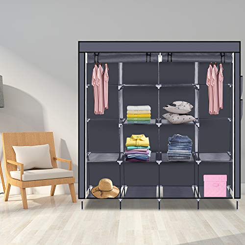 LEADZM Kleiderschrank Faltschrank Stoffschrank Faltbare Garderobe Canvas mit Reißverschluss Stoffschrank Kleiderschrank mit Kleiderstange, Fächern, 169,5 x 44 x 181,5 cm (Grau) von LEADZM